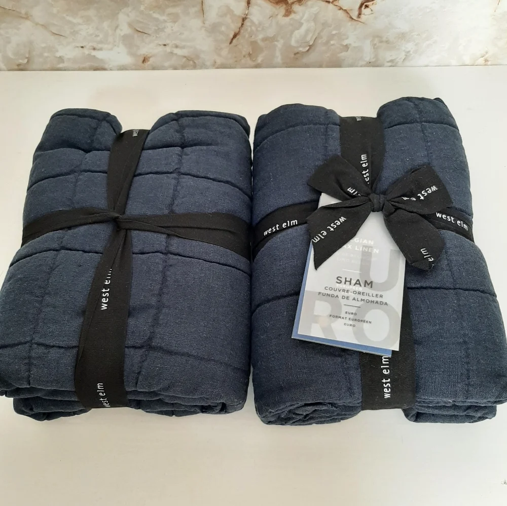 West Elm Belgian Flax Linen Frayed Edge Euro Quilted Shams Midnight Blue